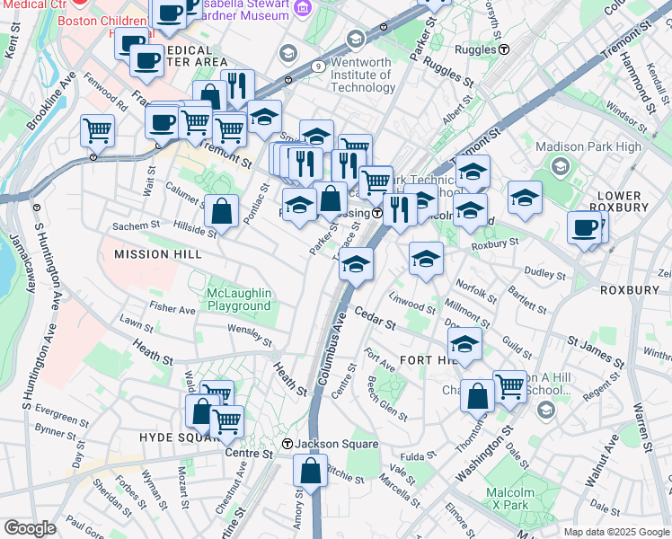 map of restaurants, bars, coffee shops, grocery stores, and more near 40 Terrace Street in Boston