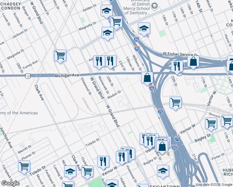 map of restaurants, bars, coffee shops, grocery stores, and more near 25th Street in Detroit