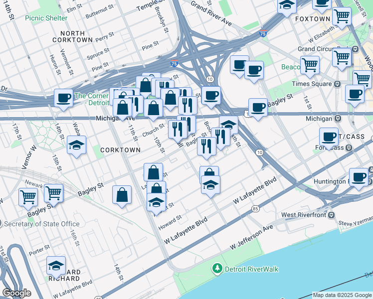 map of restaurants, bars, coffee shops, grocery stores, and more near 1730 Trumbull in Detroit