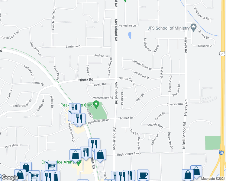 map of restaurants, bars, coffee shops, grocery stores, and more near 4625 Katsura Drive in Loves Park
