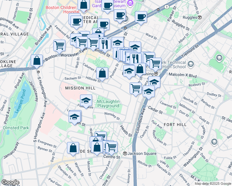 map of restaurants, bars, coffee shops, grocery stores, and more near 60 Hillside Street in Boston