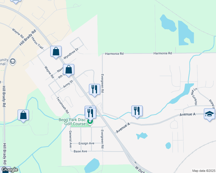 map of restaurants, bars, coffee shops, grocery stores, and more near 111 Evergreen Road in Springfield