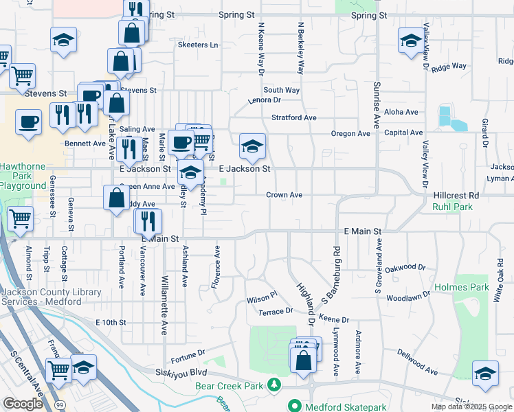 map of restaurants, bars, coffee shops, grocery stores, and more near 1503 Crown Avenue in Medford