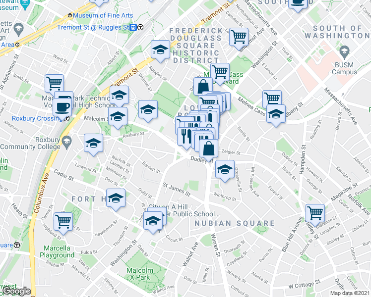 map of restaurants, bars, coffee shops, grocery stores, and more near 2343-2345 Washington Street in Boston