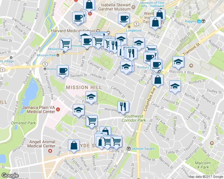 map of restaurants, bars, coffee shops, grocery stores, and more near 60 Hillside Street in Boston
