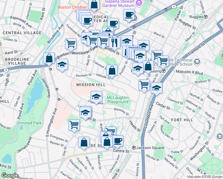 map of restaurants, bars, coffee shops, grocery stores, and more near 5 Iroquois Street in Boston