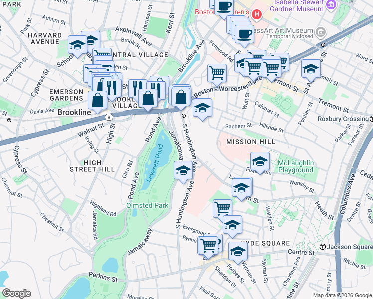 map of restaurants, bars, coffee shops, grocery stores, and more near 70 Jamaicaway in Boston