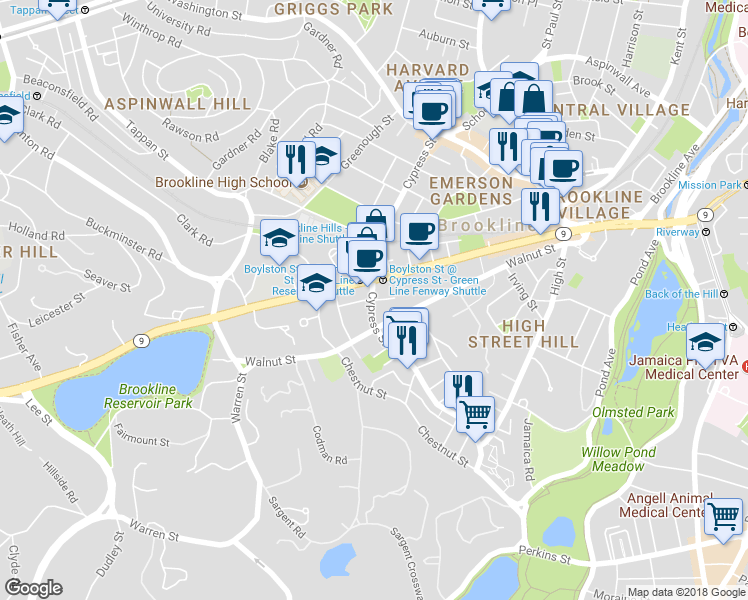 map of restaurants, bars, coffee shops, grocery stores, and more near 12 East Milton Road in Brookline