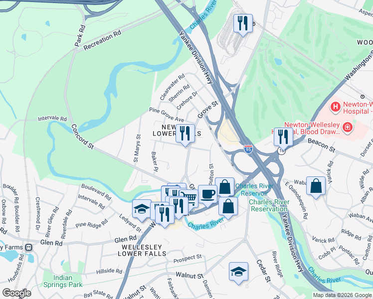 map of restaurants, bars, coffee shops, grocery stores, and more near in Newton