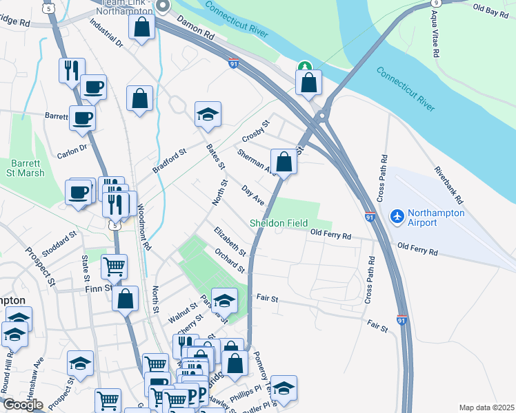 map of restaurants, bars, coffee shops, grocery stores, and more near 300 Bridge Street in Northampton