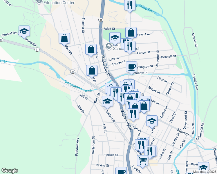 map of restaurants, bars, coffee shops, grocery stores, and more near 39 Ransom Street in Hornell