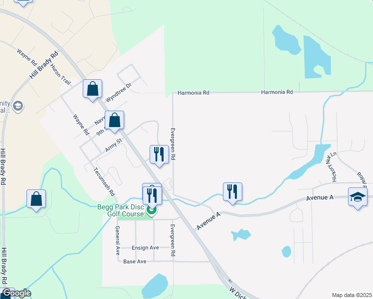 map of restaurants, bars, coffee shops, grocery stores, and more near 111 Evergreen Road in Springfield