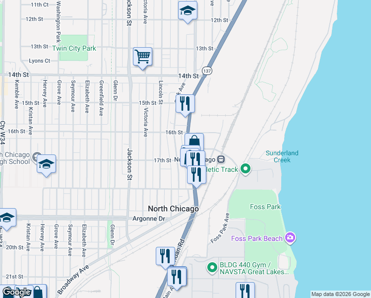 map of restaurants, bars, coffee shops, grocery stores, and more near in North Chicago