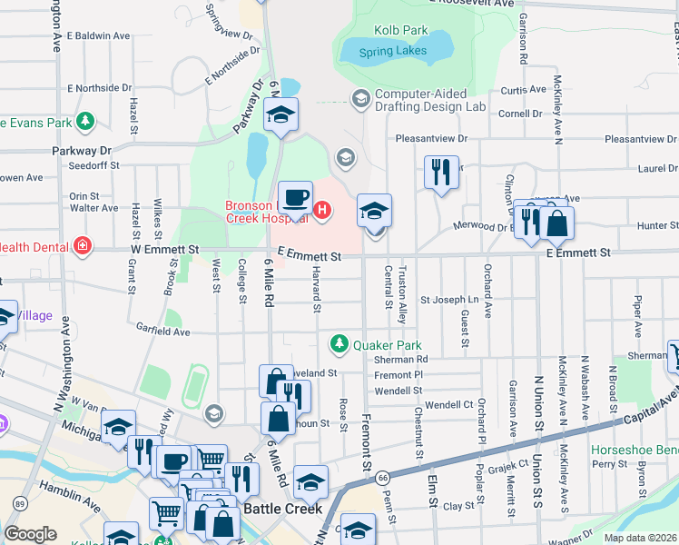 map of restaurants, bars, coffee shops, grocery stores, and more near 68 East Emmett Street in Battle Creek