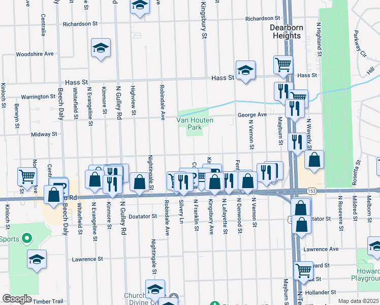 map of restaurants, bars, coffee shops, grocery stores, and more near 5935 Colonial Street in Dearborn Heights