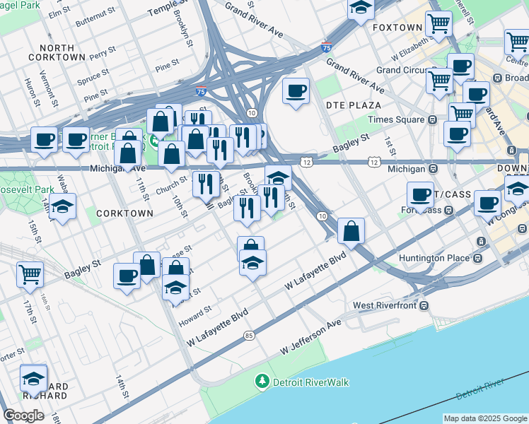 map of restaurants, bars, coffee shops, grocery stores, and more near 1510 Brooklyn Street in Detroit