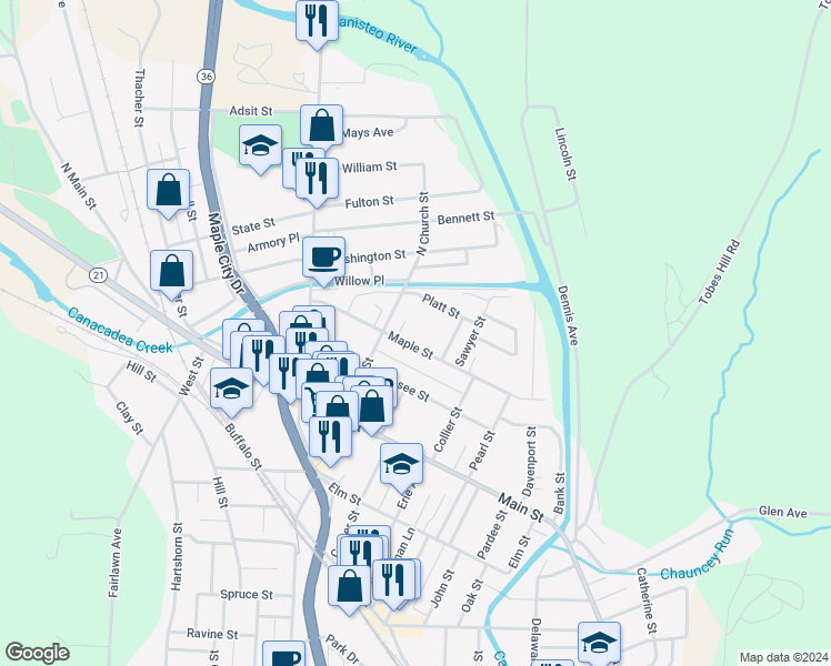 map of restaurants, bars, coffee shops, grocery stores, and more near 72 Maple Street in Hornell