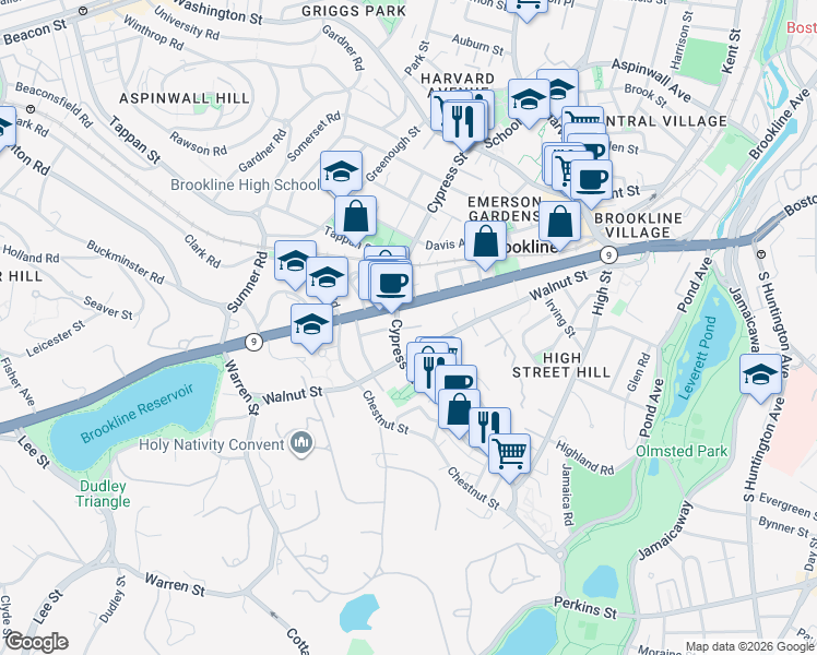 map of restaurants, bars, coffee shops, grocery stores, and more near East Milton Road in Brookline