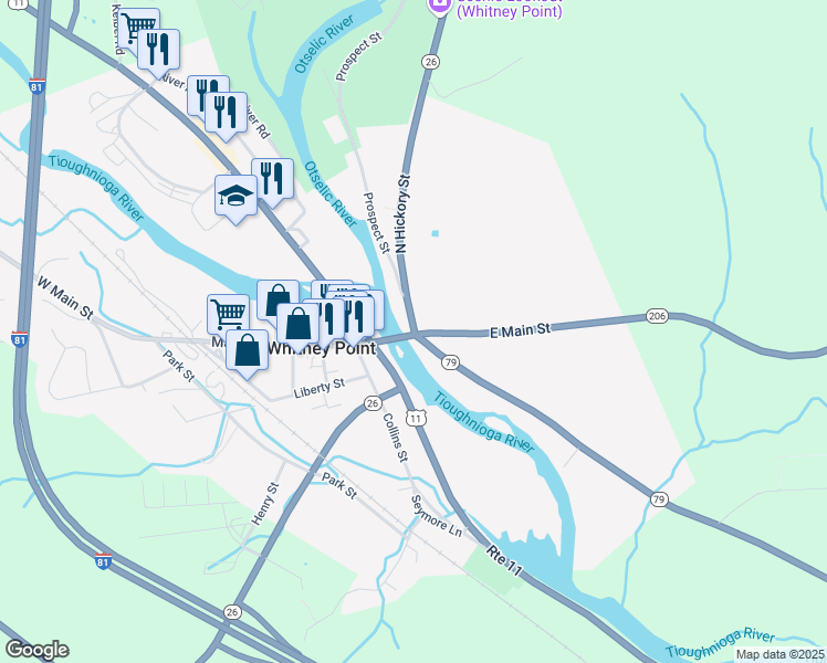 map of restaurants, bars, coffee shops, grocery stores, and more near New York State Bicycle Route 11 in Whitney Point