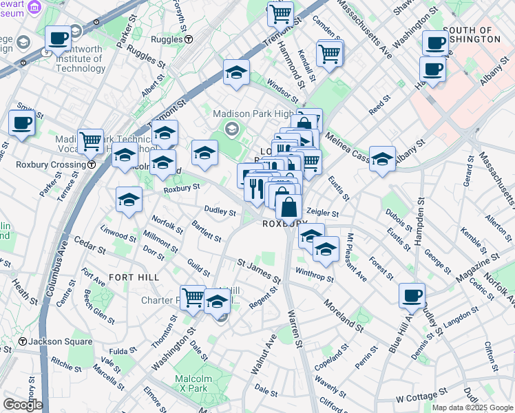 map of restaurants, bars, coffee shops, grocery stores, and more near 10 Roxbury Street in Boston