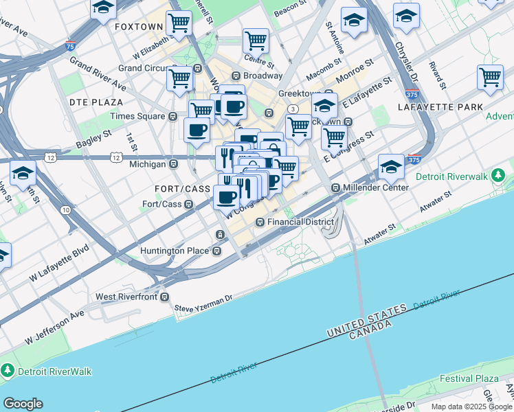 map of restaurants, bars, coffee shops, grocery stores, and more near 535 Griswold Street in Detroit