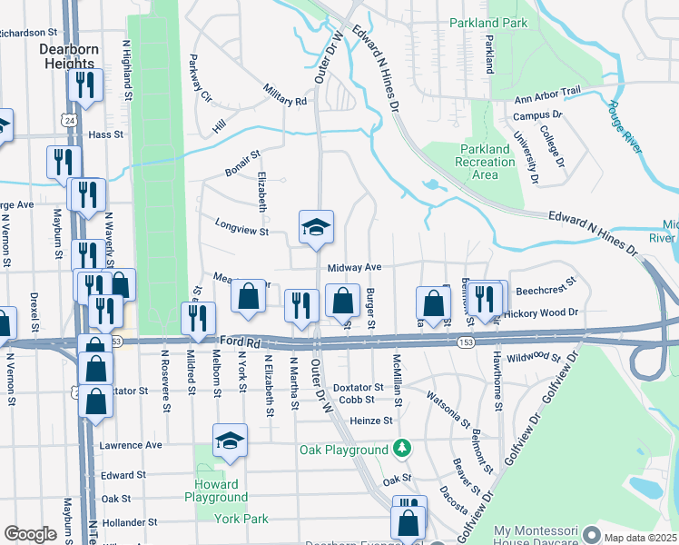 map of restaurants, bars, coffee shops, grocery stores, and more near 5929 Hubbell Street in Dearborn Heights