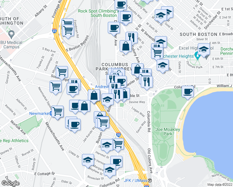 map of restaurants, bars, coffee shops, grocery stores, and more near Dorchester Avenue & Preble Street in Boston