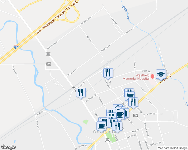 map of restaurants, bars, coffee shops, grocery stores, and more near English Street in Westfield