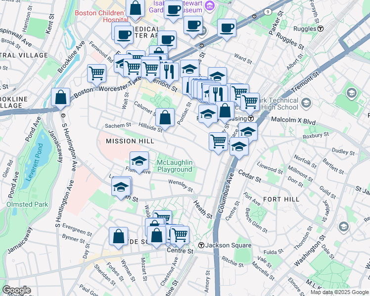 map of restaurants, bars, coffee shops, grocery stores, and more near 60 Hillside Street in Boston