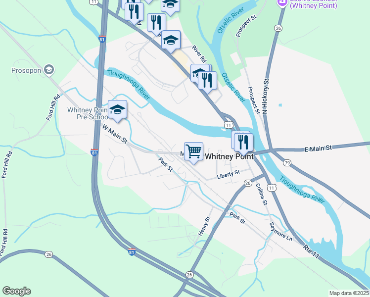 map of restaurants, bars, coffee shops, grocery stores, and more near 2594 Main Street in Whitney Point