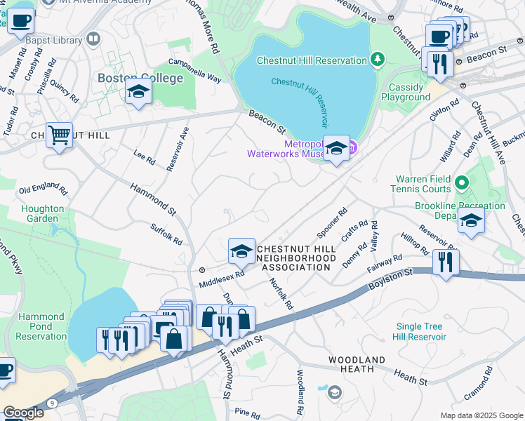 map of restaurants, bars, coffee shops, grocery stores, and more near 200 Chestnut Hill Road in Newton