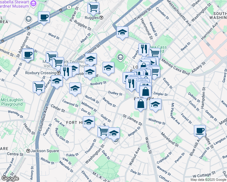 map of restaurants, bars, coffee shops, grocery stores, and more near 48 Dudley Street in Roxbury