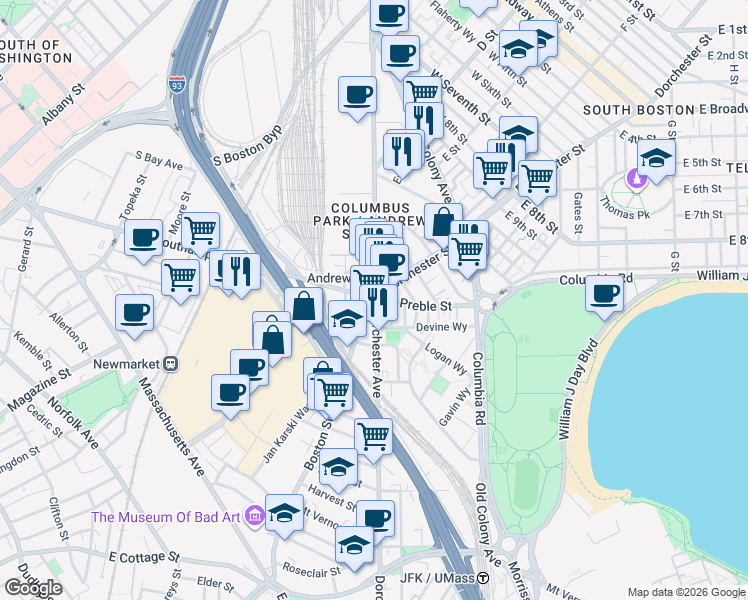 map of restaurants, bars, coffee shops, grocery stores, and more near Southampton St & Boston St in Boston