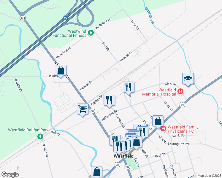map of restaurants, bars, coffee shops, grocery stores, and more near English Street in Westfield