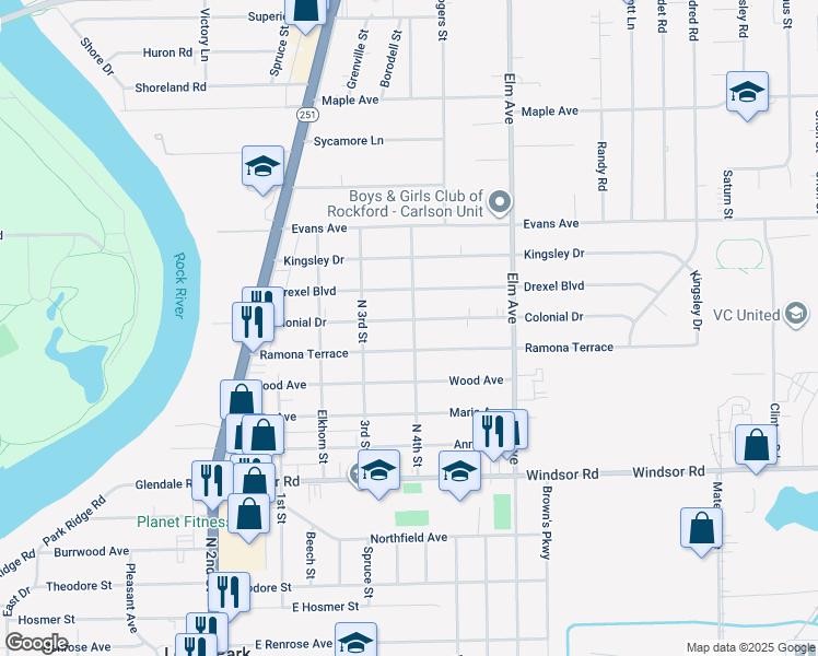 map of restaurants, bars, coffee shops, grocery stores, and more near 850 Colonial Drive in Machesney Park