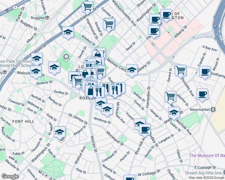 map of restaurants, bars, coffee shops, grocery stores, and more near 6 Bethune Way in Boston