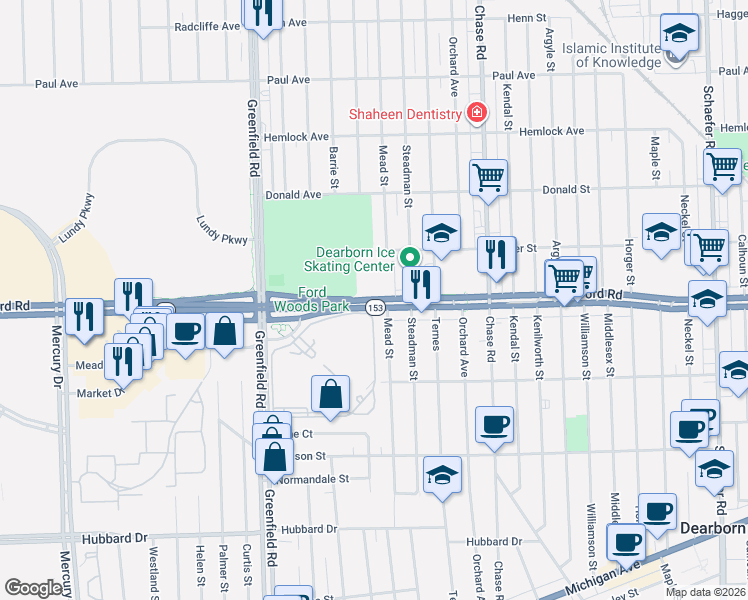 map of restaurants, bars, coffee shops, grocery stores, and more near 15030 Ford Road in Dearborn