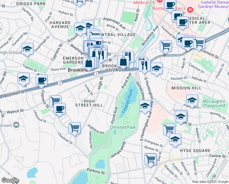 map of restaurants, bars, coffee shops, grocery stores, and more near 99 Pond Avenue in Brookline
