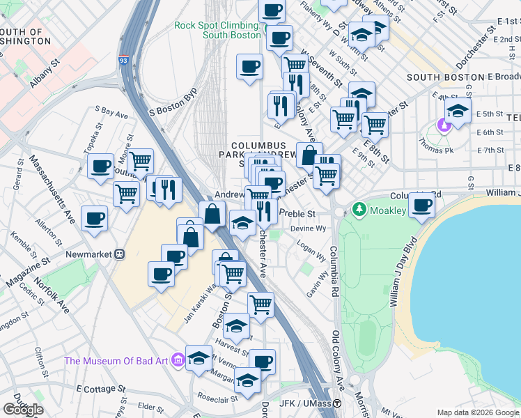 map of restaurants, bars, coffee shops, grocery stores, and more near 395 Dorchester Street in Boston