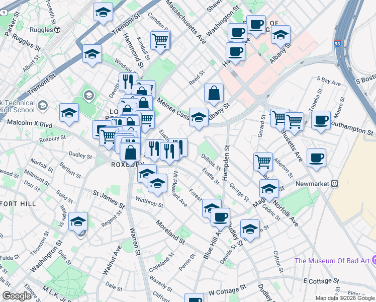 map of restaurants, bars, coffee shops, grocery stores, and more near 949-977 Albany Street in Boston