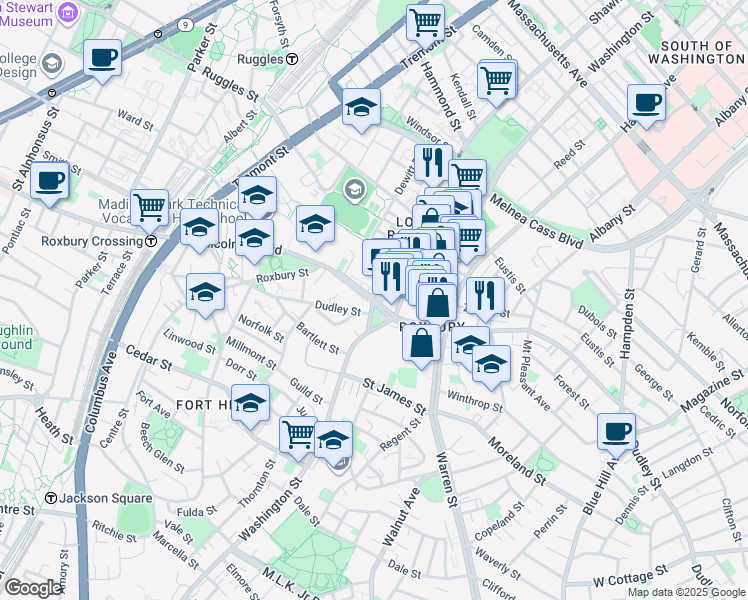 map of restaurants, bars, coffee shops, grocery stores, and more near 55 Roxbury Street in Boston