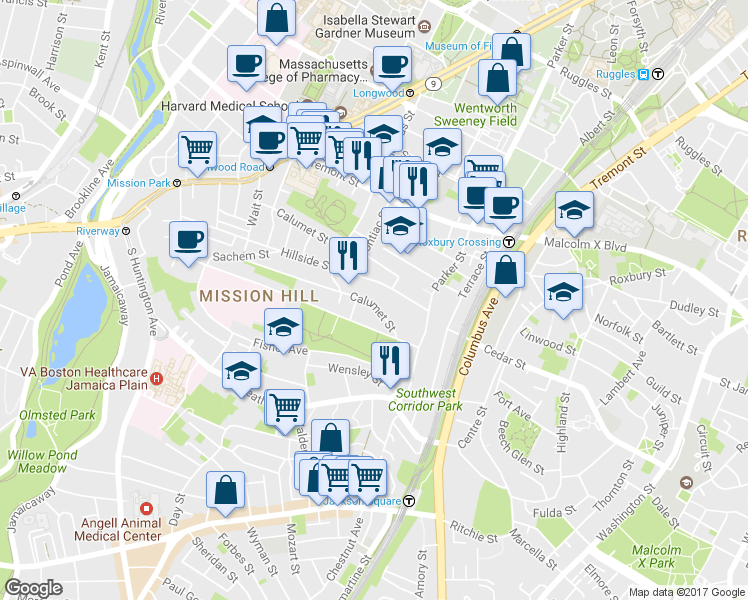 map of restaurants, bars, coffee shops, grocery stores, and more near 60 Hillside Street in Boston