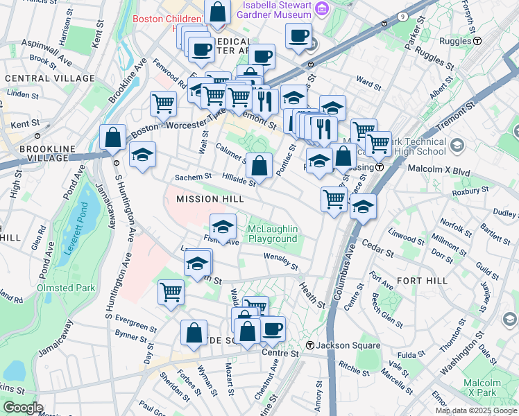 map of restaurants, bars, coffee shops, grocery stores, and more near 5 Iroquois Street in Boston