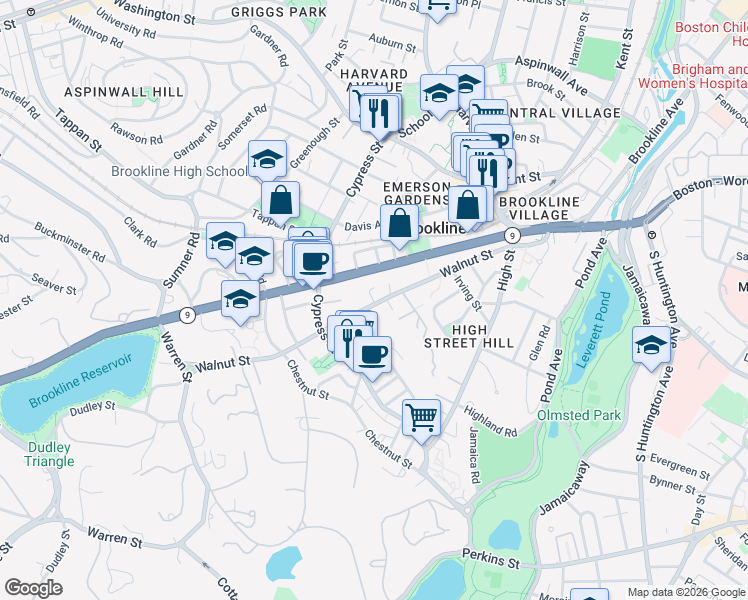 map of restaurants, bars, coffee shops, grocery stores, and more near 270 Boylston Street in Brookline