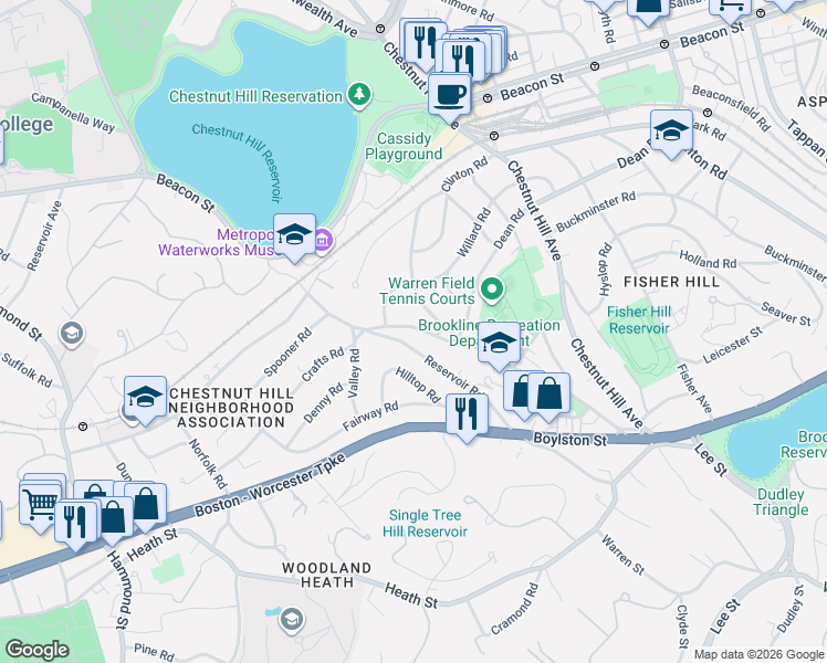 map of restaurants, bars, coffee shops, grocery stores, and more near 200 Crafts Road in Brookline