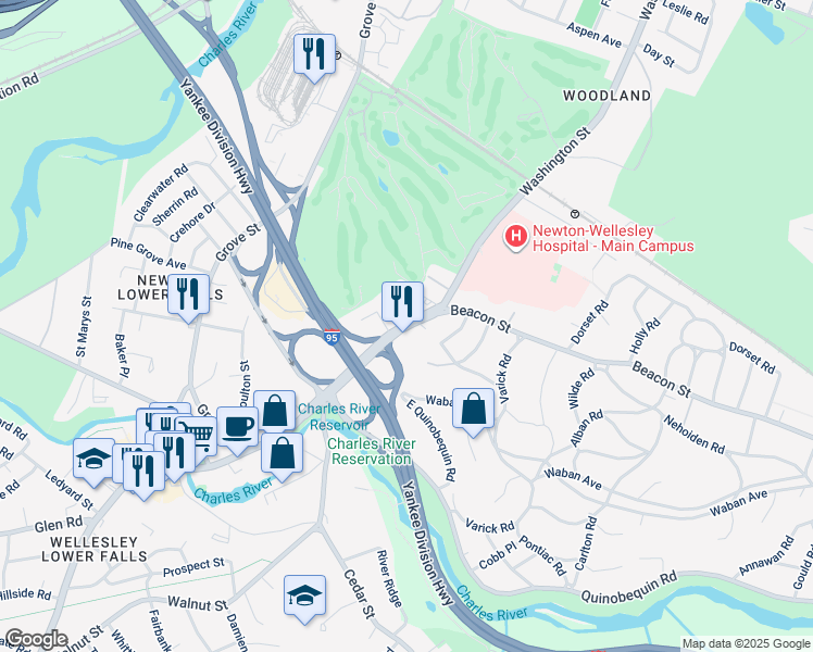 map of restaurants, bars, coffee shops, grocery stores, and more near 2101 Washington Street in Newton