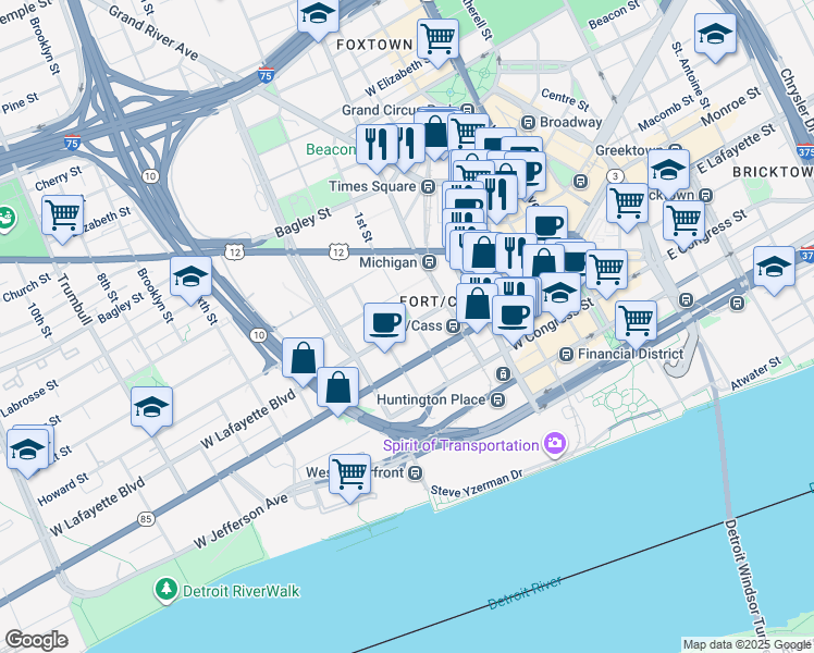 map of restaurants, bars, coffee shops, grocery stores, and more near 550 West Lafayette Boulevard in Detroit