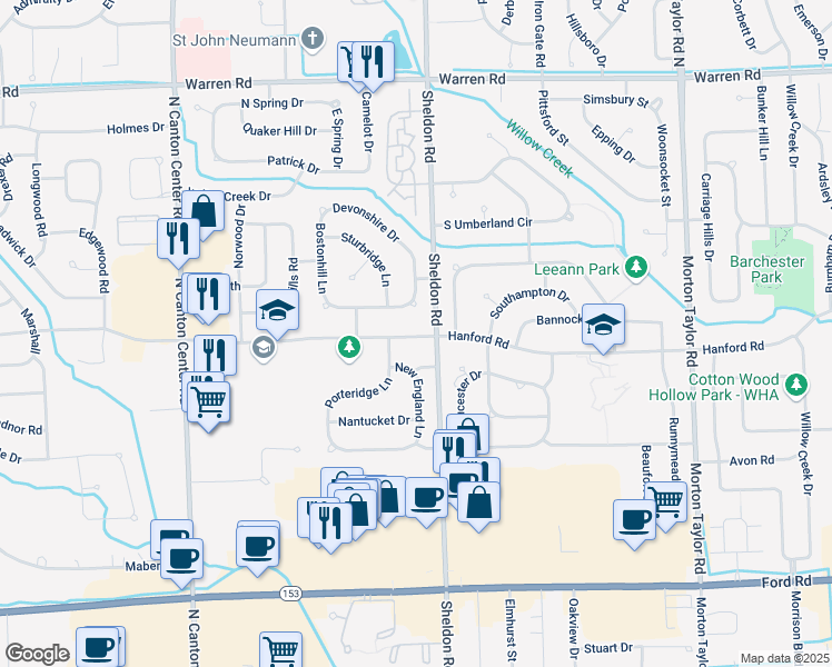 map of restaurants, bars, coffee shops, grocery stores, and more near 44531 Twyckingham Lane in Canton