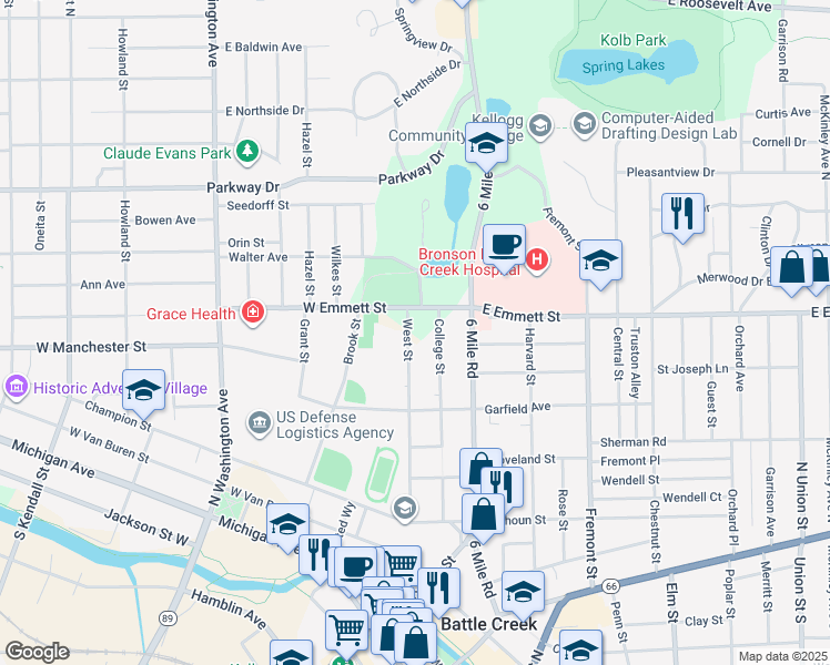 map of restaurants, bars, coffee shops, grocery stores, and more near 65 East Emmett Street in Battle Creek