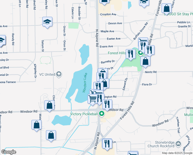 map of restaurants, bars, coffee shops, grocery stores, and more near 7320 North Alpine Road in Loves Park